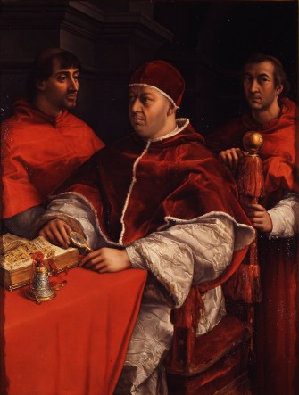 Raphael's Portrait of Leo X with cardinals Giulio de' Medici (later Pope Clement VII) and Luigi de' Rossi, his first cousins, (Uffizi gallery, Florence).jpg